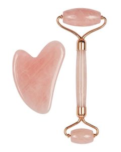 Buy 2 in 1 Gift massage roller set + gua sha scraper made of natural rose quartz for face and body / Instrument for cleansing massage, therapy on the face, back, arms, neck, shoulders | Online Pharmacy | https://pharm-pills.com