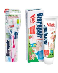 Buy Toothpaste Biorepair Kids for children with strawberry extract, 50 ml + Toothbrush Biorepair CURVE Junior for children, pink SET | Online Pharmacy | https://pharm-pills.com