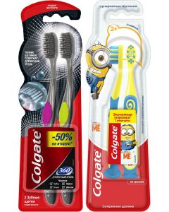 Buy Colgate Family set: Toothbrush 360, with charcoal, medium hard, 2 pcs + Minions Toothbrush, for children, from 2 years old, soft, 2 PC | Online Pharmacy | https://pharm-pills.com