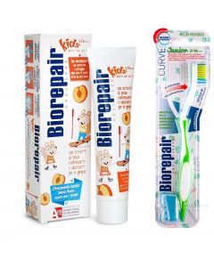 Buy Biorepair Kids Toothpaste for children with peach extract, 50 ml + Biorepair CURVE Junior Toothbrush for children, green | Online Pharmacy | https://pharm-pills.com