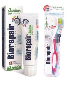 Buy Biorepair Junior Toothpaste for Children with sweet mint extract, 75 ml + Biorepair CURVE Junior Toothbrush for children, pink | Online Pharmacy | https://pharm-pills.com