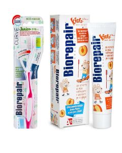 Buy Biorepair Kids Toothpaste for children with peach extract, 50 ml + Biorepair CURVE Junior Toothbrush for children, pink # | Online Pharmacy | https://pharm-pills.com