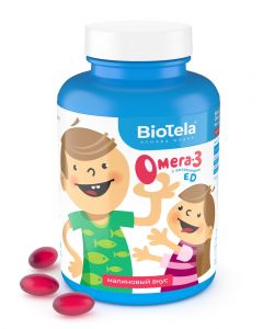 Buy BioTela Omega 3 fish oil from Iceland, with vitamins E and D for children with raspberry flavor, 120 capsules, one month course | Online Pharmacy | https://pharm-pills.com