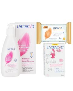 Buy Lactacyd set for intimate hygiene: gel for sensitive skin + gel for intimate hygiene for girls from 3 years old + napkins # 15  | Online Pharmacy | https://pharm-pills.com