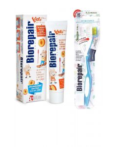 Buy Biorepair Kids Toothpaste for children with peach extract, 50 ml + Biorepair CURVE Toothbrush Junior for children, blue | Online Pharmacy | https://pharm-pills.com