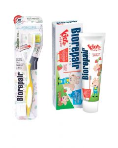 Buy Toothpaste Biorepair Kids for children with extract strawberries, 50 ml + Biorepair CURVE Junior Toothbrush for children, yellow SET | Online Pharmacy | https://pharm-pills.com