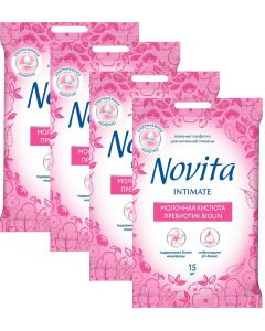 Buy Wet wipes Novita Intimate Biolin prebiotic, 4 packs of 15 pieces each  | Online Pharmacy | https://pharm-pills.com